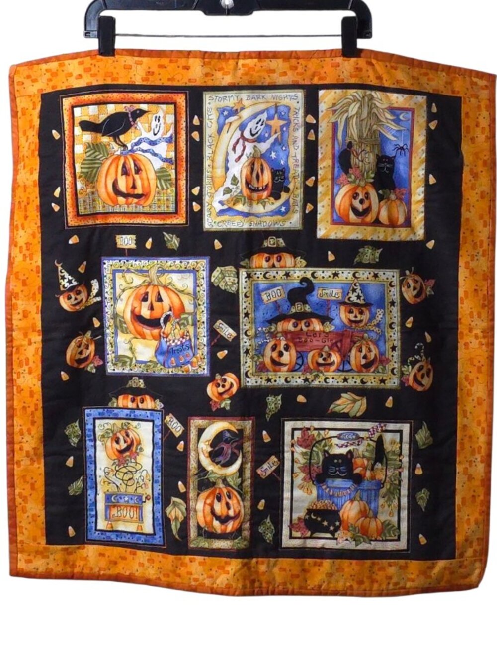 Handmade Halloween Quilted Wall Hanging Pumpkin Black Cat 25x25 Fabric Decor